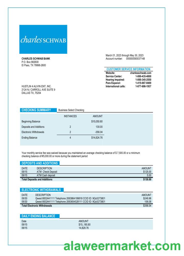 Charles Schwab business bank statement Word and PDF template